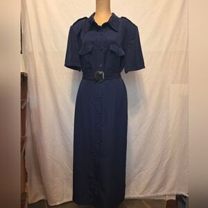 Navy Blue Belted Shirt Dress